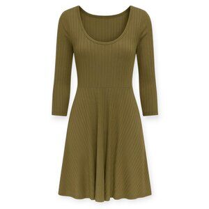 Olive Green Ribbed Knit Fit & Flare Dress with Scoop Neck and Three-Quarter Slee
